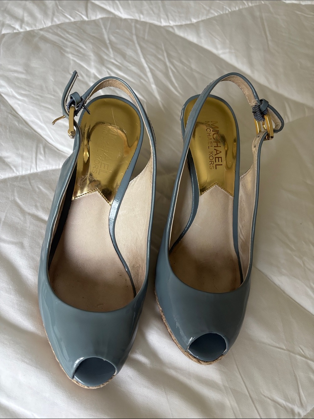 Michael Kors Slate Blue Patent Peep-Toe Slingback Wedges